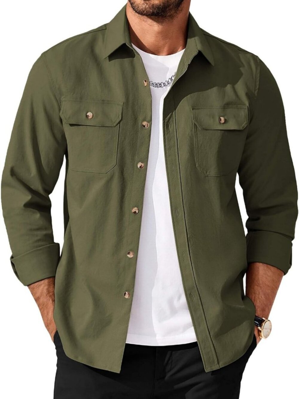 Men's Long Sleeve Button-Up Shirt Jacket with Flap Pockets - Casual & Stylish